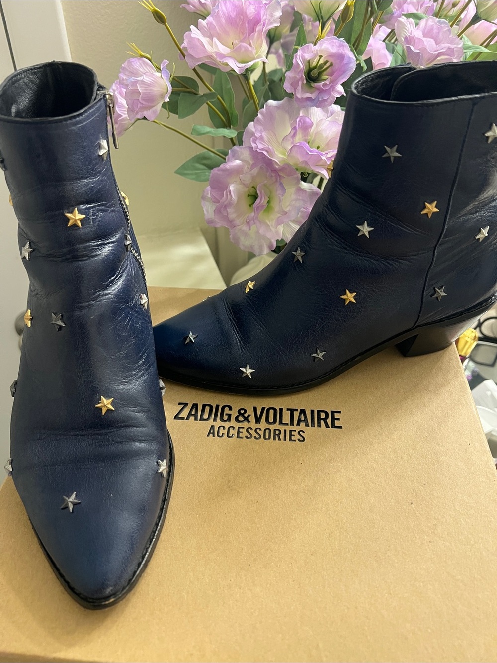 Zadig & Voltaire Navy Leather Star-Stud Ankle Boots